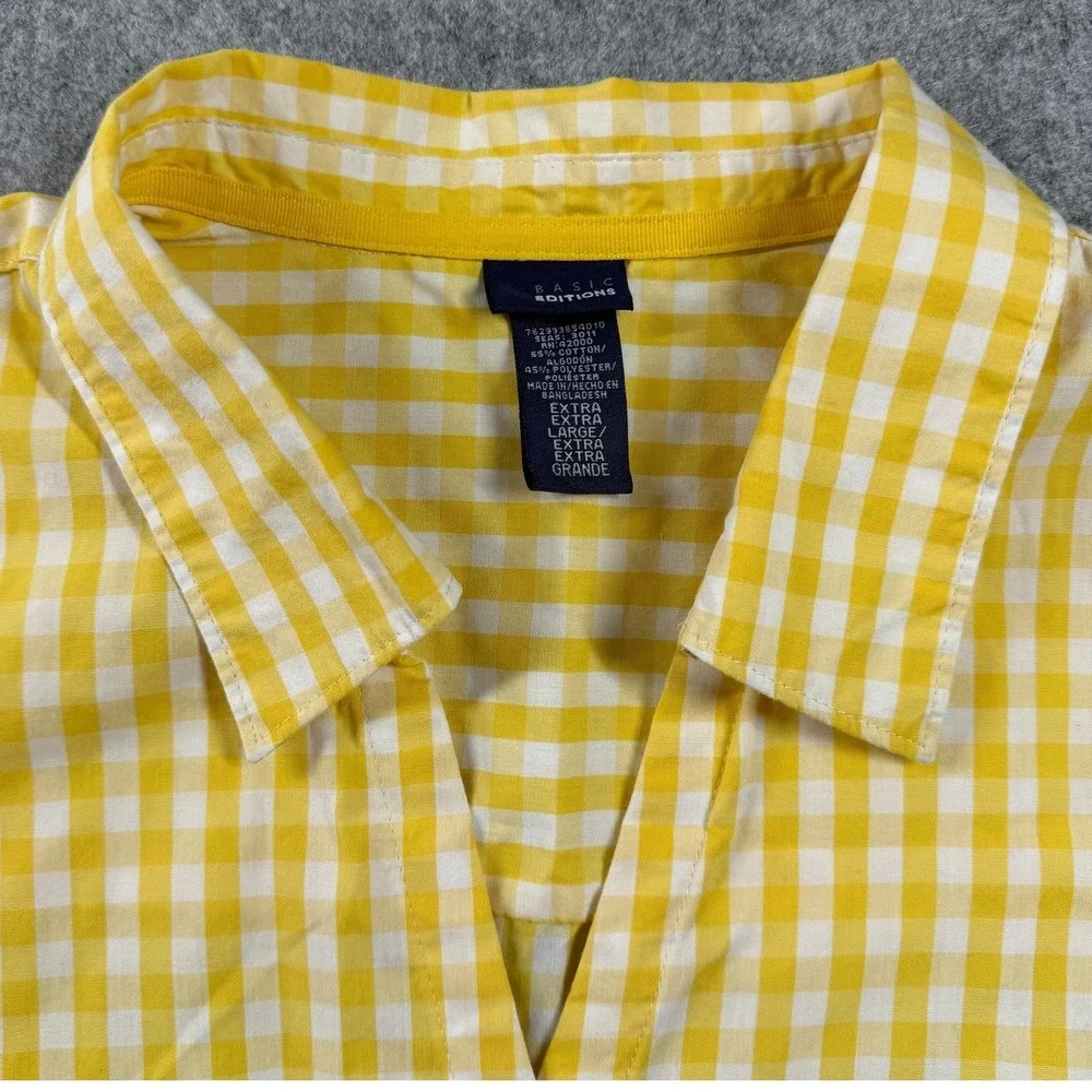 Basic Editions Yellow White Gingham Short Sleeve Button Down Shirt Womens XXL - Picture 4 of 9